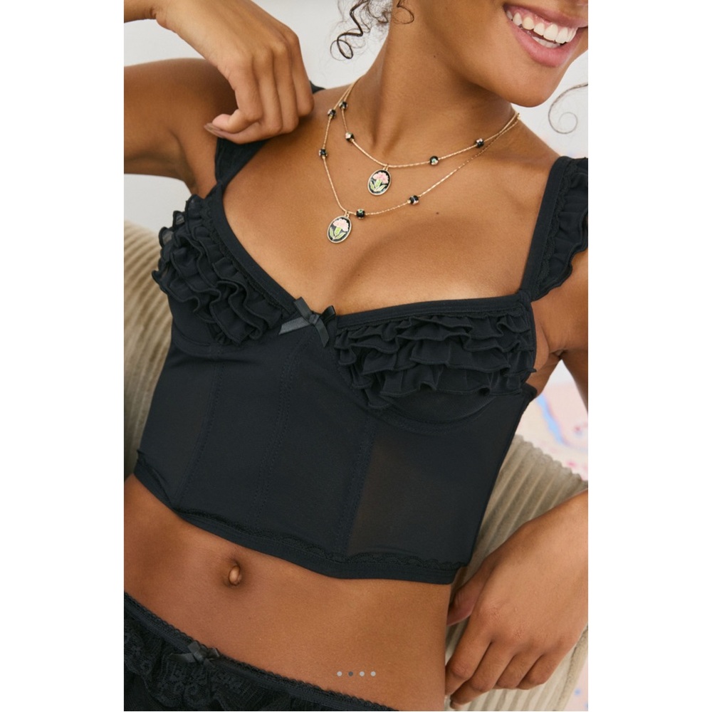 Out From Under Florence Black Ruffle Mesh Corset Top Size M Urban Outfitters